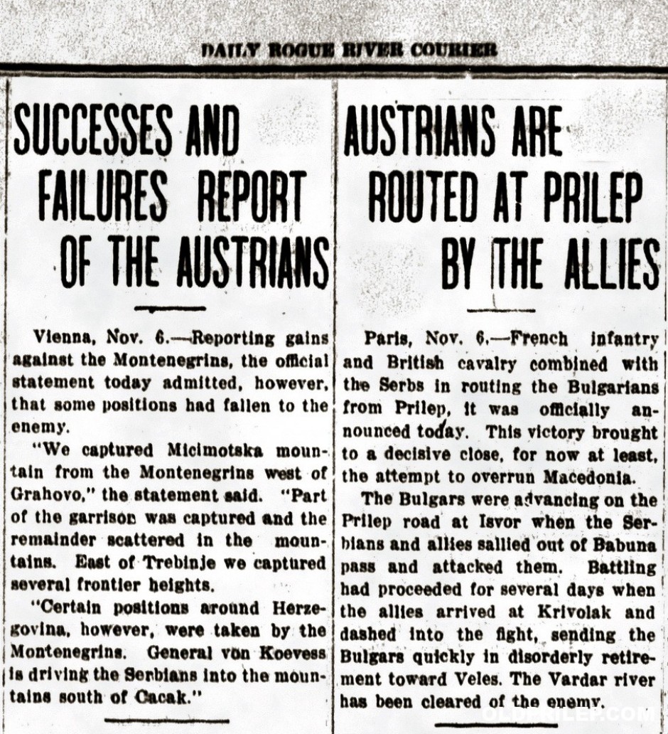 7 ноември 1915:  „Austrians are routed at Prilep by Allies“, „Rogue River courier“, (САД)