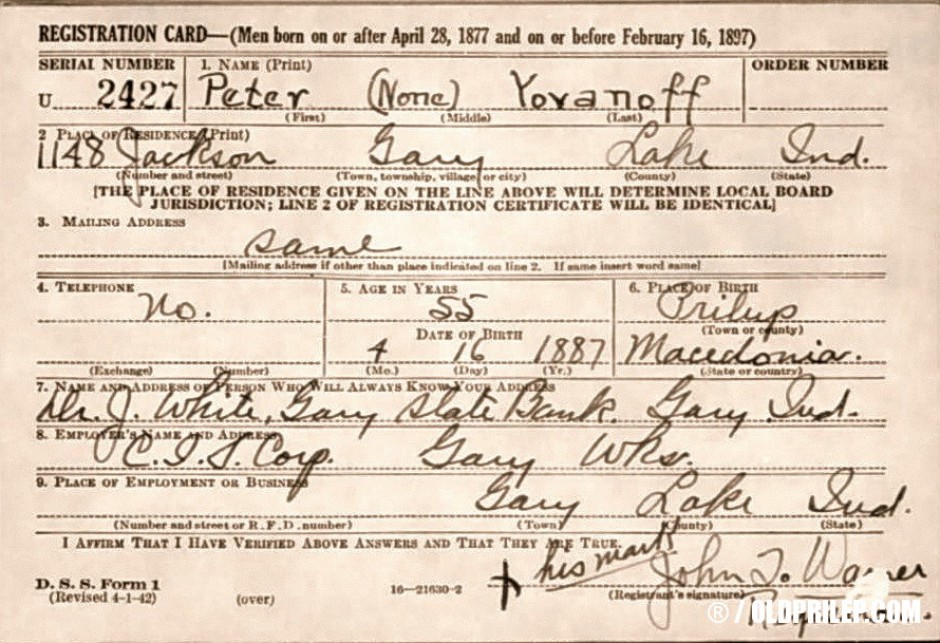 27 април 1942: Американска регрутациска картичка на име: Peter Yovanoff